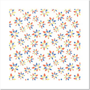 Abstract orange blue yellow flowers on a white background. Distressed look. Posters and Art